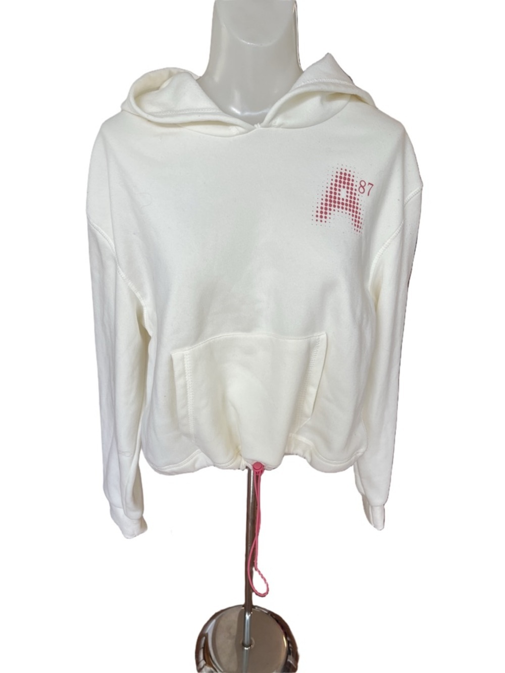 Aeropostale Cream Cropped drawstring Pullover Hoodie with Pink Logo size L